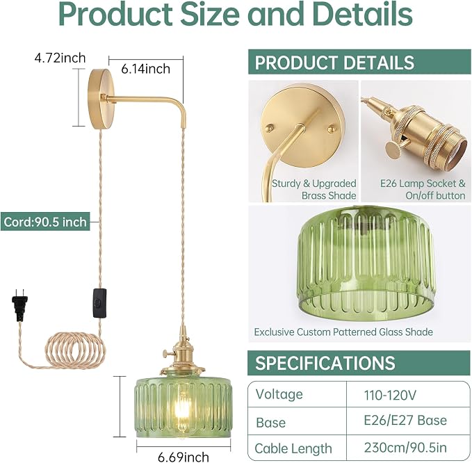 Shenmoyl Vintage Wall Sconce with Green Striped Glass Shade Hanging Wall Sconce with 4.9FT Plug in Cord, Modern Wall Lamp Fixtures Decor for Bedside Bedroom Indoor Doorway, Set of 2