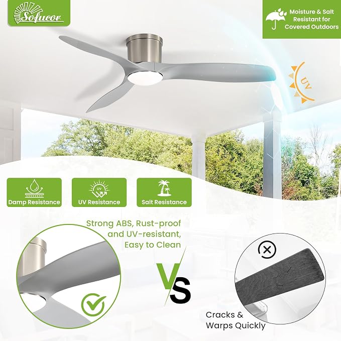 Sofucor 52 Inch Smart Ceiling Fan with Lights, Modern Low Profile Flush Mount Ceiling Fan with 6500CFM, Compatible with Alexa/Google/App, 3 Plastic Blade, Dimmable Timer Reversible DC Motor, ETL, ABS