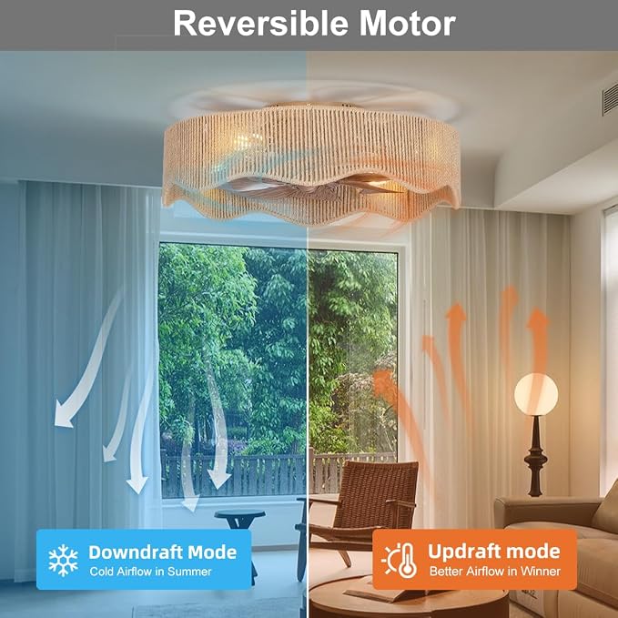 SHLUCE 22" Boho Flush Mount Caged Ceiling Fans with Lights, Rustic Rattan Low Profile Ceiling Fans with Lights and Remote, Bladeless Fandelier Ceiling Fan with Light for Kitchen, Bedroom - ETL
