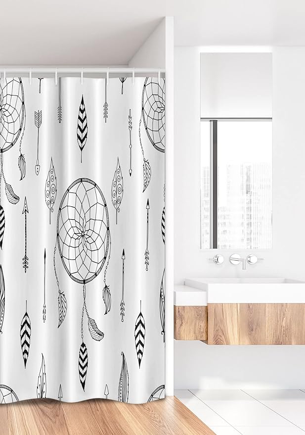 Ambesonne Arrow Stall Shower Curtain, Anthique Dreamcatchers Feathers and Arrows Design Western, Fabric Bathroom Decor Set with Hooks, 36" W x 72" L, White Charcoal Grey