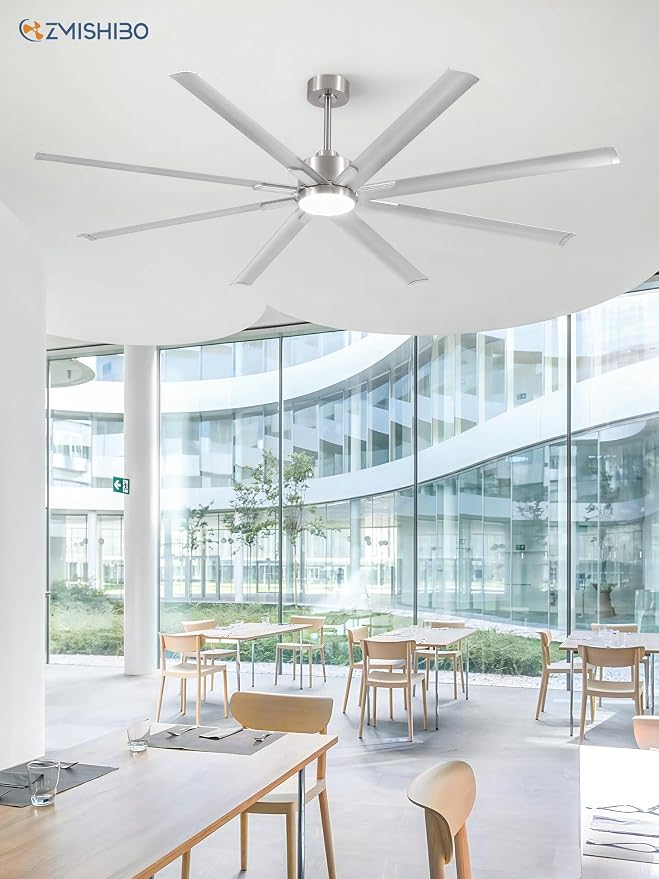 ZMISHIBO 84" Industrial Ceiling Fans with Lights, Large Ceiling Fan with 3CCT, 8 Reverisble Aluminum Blades, Quiet DC Motor, 6-Speed Remote, Indoor/Outdoor Ceiling Fans for Patios/Garage/Porch, Nickel