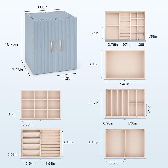 Dajasan Large Jewelry Organizer Box, 6-Tier Jewelry Storage Case with 5 Drawers, Jewelry Boxes for Women Girls with Mirror, Double Door, Textured PU Leather, Gift Idea, Stylish (Blue + Gold)