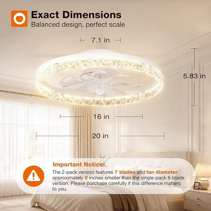 addlon 2 Pack Ceiling Fans with Lights and Remote, 20'' Low Profile Ceiling Fans, 3000-6000K Dimmable Modern Flush Mount LED Fan Light, Fandelier Ceiling Fan for Bedroom, Kitchen, Living Room