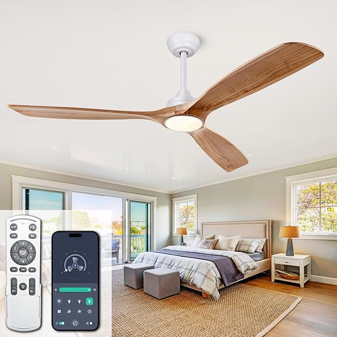 60'' Solid Wood Ceiling Fan Light DC Motor APP Remote 3CCT Dimmable 3 Blade | log-color solid wood blades, pure copper quiet dc inverter motor, remote & app control, 3cct dimmable led light, indoor