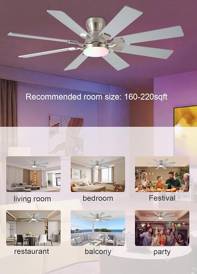 JSAITEE 52 inch Ceiling Fan with Light, 6 Speeds Reversible Low Profile Ceiling Fan with Light and Remote/APP Control, 3 Color Temp+Dimmable RGB, 8 Blades, Flush Mount Quiet Ceiling Fans, Nickel