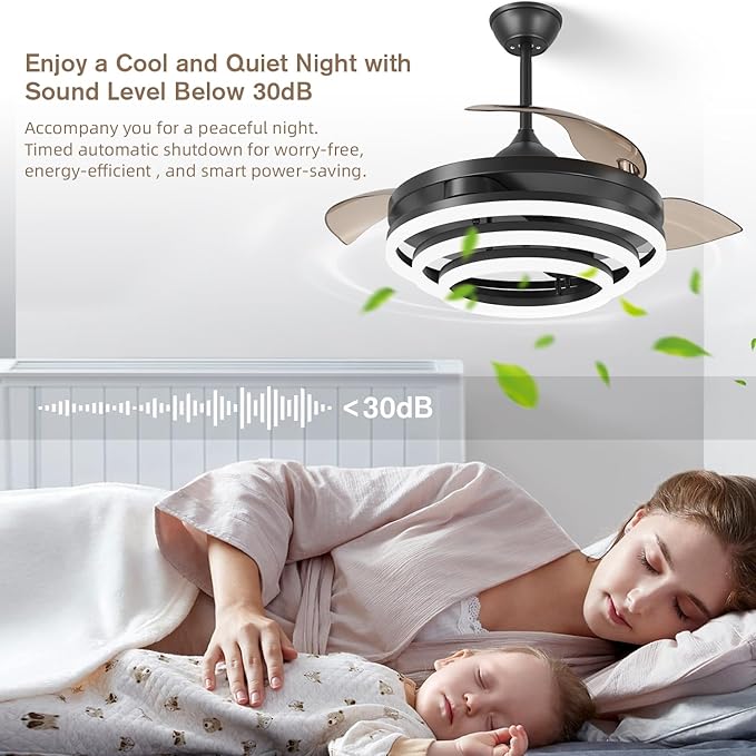 FIDGRA 42 Inch Retractable Ceiling Fan, Chandelier Ceiling Fans with Lights, Silent DC Motor, 6 Speeds, 3 Color Changing for Bedroom Living Room (Black)