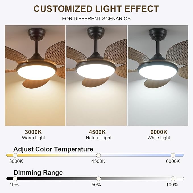 48"Tropical Style Palm Leaf Ceiling Fans with LED Lights and Remote & APP | Supports Remote and APP, 6 Wind Speeds, Reversible, Dimmable 3CCT LED, 35W Quiet DC Motor,Suits for Bedroom Kitchen