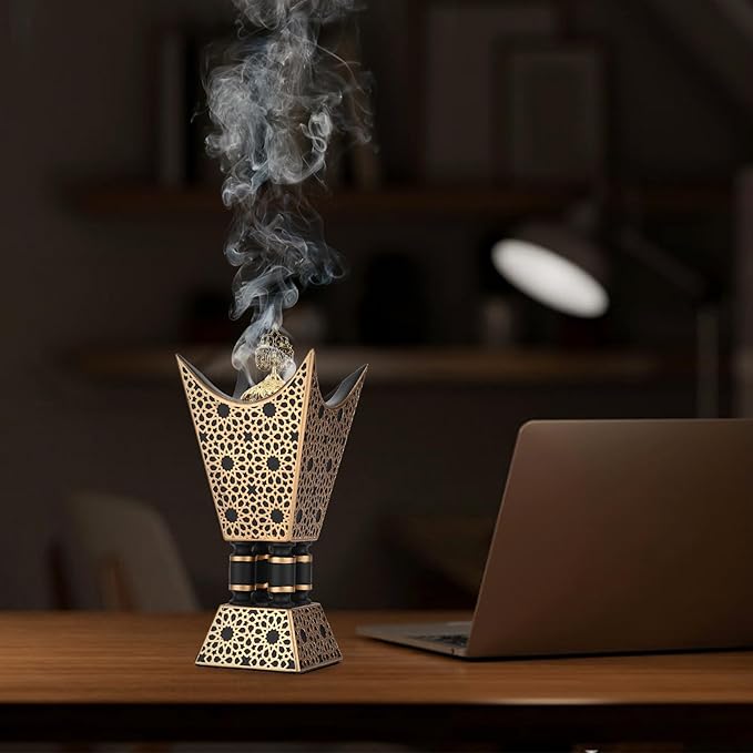 TERSCHELLING Bakhoor Incense Burner, Oud Frankincense Resin Burner 8.85Inches Tall,Charcoal Incense Burner - for Yoga, Spa Aromatherapy, Office & Home Decor (Trophy Shape) (Black)
