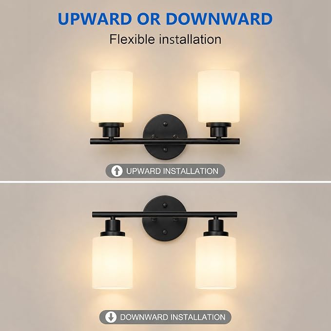Unicozin 2 Light Bathroom Light Fixtures, Modern Vanity Lights with Milky Glass Shade, Black Wall Lamp Over Mirror for Bathroom, Living Room, Cabinet, Bedroom, E26 Base