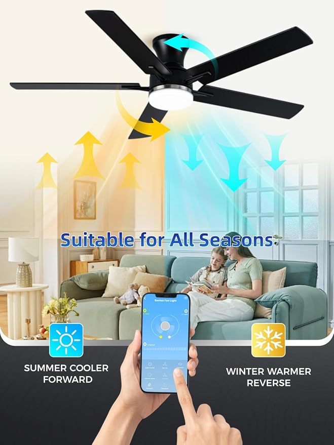 LANMEL 52 Inch Flush Mount Ceiling Fan with Light, App&Remote Control, Low Profile Modern Ceiling Fan, 6 Speed, Reversible, 3000k-6500k Dimmable LED, Quiet DC Motor for Indoor Outdoor, Silver Black