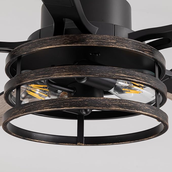52-Inch Retro Black Downrod Curved Tube Ring-Style Iron Cage Ceiling Fan with Light Industrial Energy-Saving Quiet Strong Airflow for Living Room Bedroom