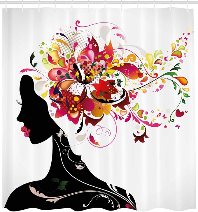 Ambesonne Modern Shower Curtain, Modern Futuristic Design with Nature Harmony Woman Theme Artwork Image, Cloth Fabric Bathroom Decor Set with Hooks, 69" W x 84" L, Pink Black