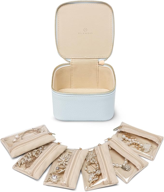 VLANDO Travel Jewelry Case,Travel Jewelry Organize with 6 Velvet Jewelry Zipper Pockets,Premium Petal Hardware Jewelry Case for Birthday Wedding Graduation Gifts-Baby Blue