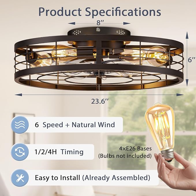 VOLISUN Caged Ceiling Fan with Light and Remote,23.6 inch Fandelier Ceiling Fan with Light Flush Mount, Farmhouse Bladeless Ceiling Fans with Lights for Kitchen,Bedroom