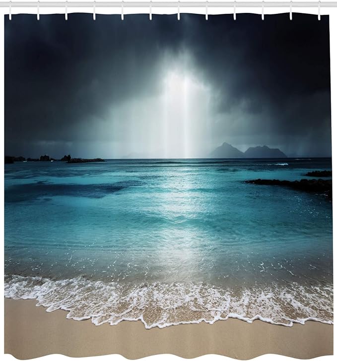 Ambesonne Tropical Shower Curtain, Storm Sky on The Beach of La Dugue Island Seychelles Dramatic Scene, Cloth Fabric Bathroom Decor Set with Hooks, 69" W x 75" L, Blue Petrol
