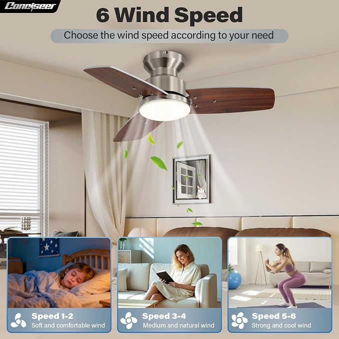 42 Inch Ceiling Fans with Lights and Remote, Bedroom Living Room Office, Flush Mount, 6CCT Dimmable, Dual Color 3 Blades 6 Speed Reversible Quiet DC Motor, Sand-Nickel/Wood Grain