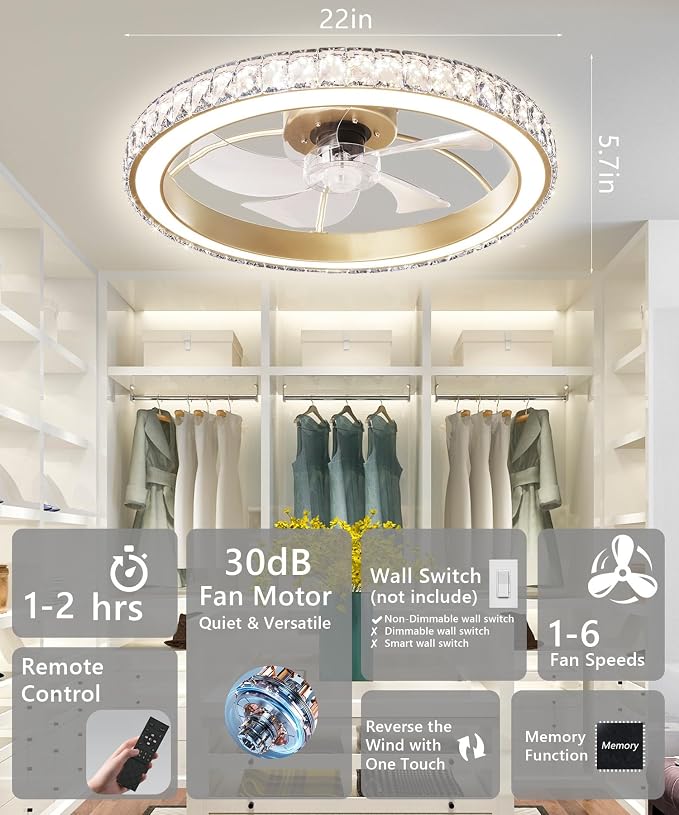 Aipsun Low Profile Modern Crystal Chandelier Ceiling Fans with Lights and Remote, 3000K-6500K Smart Bladeless LED Fan Light, 22" Gold Modern Ceiling Fans with Lights for Bedroom