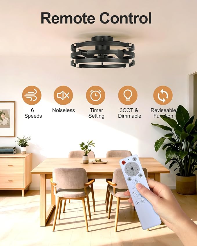 Roomratv Black Fandelier Flush Mount Ceiling Fan with Lights, 20" Low Profile Caged Ceiling Fan with Remote, Modern Enclosed Bladeless Fan Light Fixtures for Bedroom Living Room