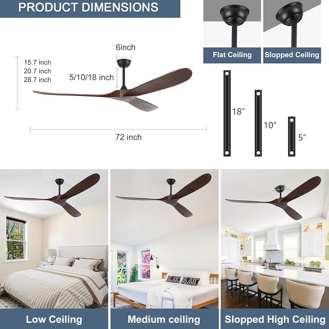 72inch Solid Wood Ceiling Fan no Light,Outdoor Ceiling Fan with Remote,DC Ceiling Fans with Large Airflow for Patios,Gazebos,Living Room,Farmhouse (dark walnut)