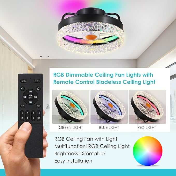 Mpayel RGB Ceiling Fans with Lights and Remote, 13'' Low Profile Ceiling Fans, LED Bladeless Modern Flush Mount Ceiling Fan Light for Bedroom, Living Room, Kitchen