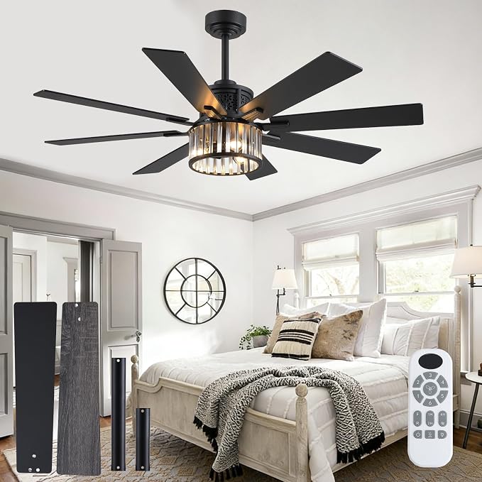 NKPU 52 Inch Farmhouse Crystal Ceiling Fans with Lights and Remote, Chandelier Industrial Ceiling Fan with Dual 8 Blades, 6 Speed Reversible Motor, Timing, Black Ceiling Fan for Living room Bedroom