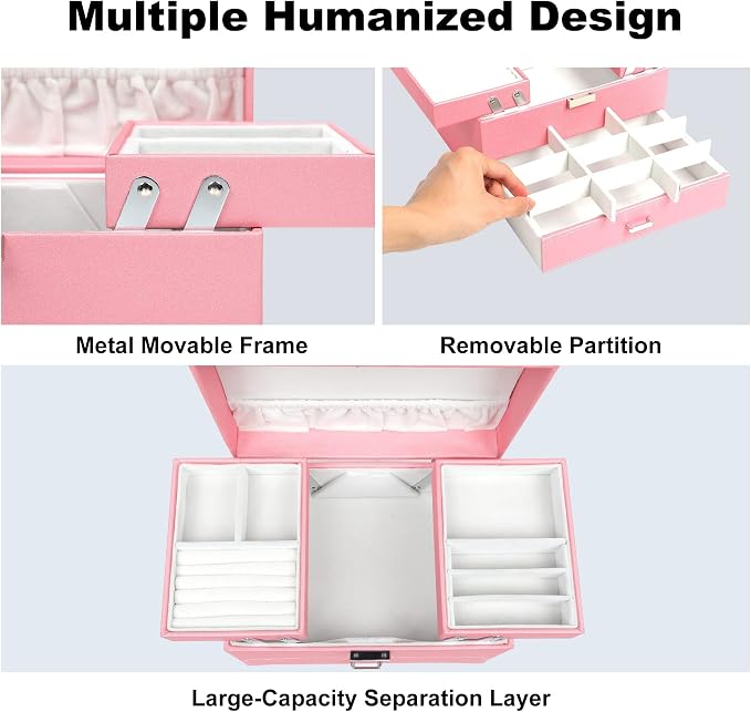 Dajasan Jewelry Organizer Box, Large Jewelry Boxes for Women Girls, Space-Saving 3 Layers Jewelry Storage Case with Drawer, Gift Idea, Movable Metal Stand, Modern (Pink)