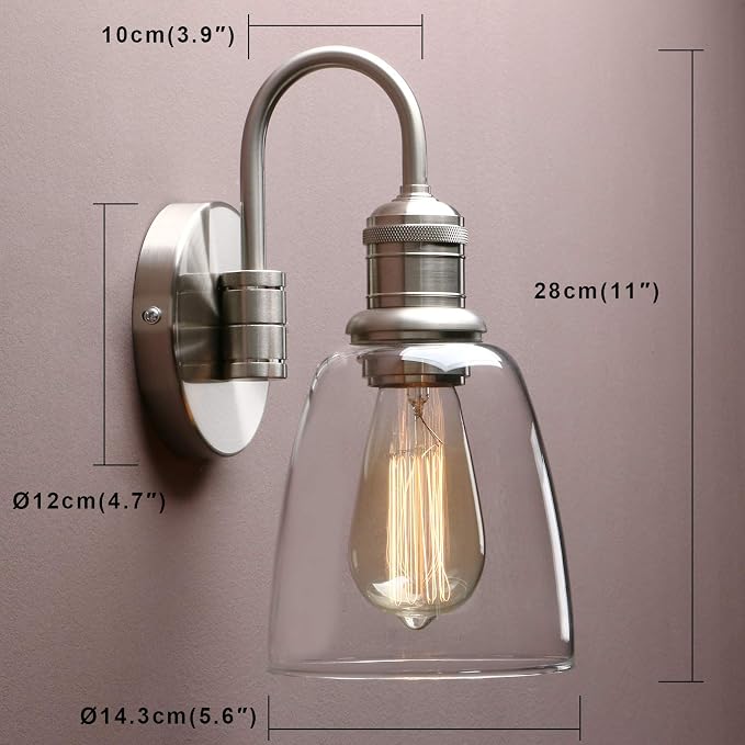 Yosoan 1-Light Brass Modern Vintage Indoor Wall Sconce, Vanity Single Luxury Hardwired Retro Textured Clear Oval Cone Glass Shade with Industrial Curved Rod Bathroom Lamp(Brushed)
