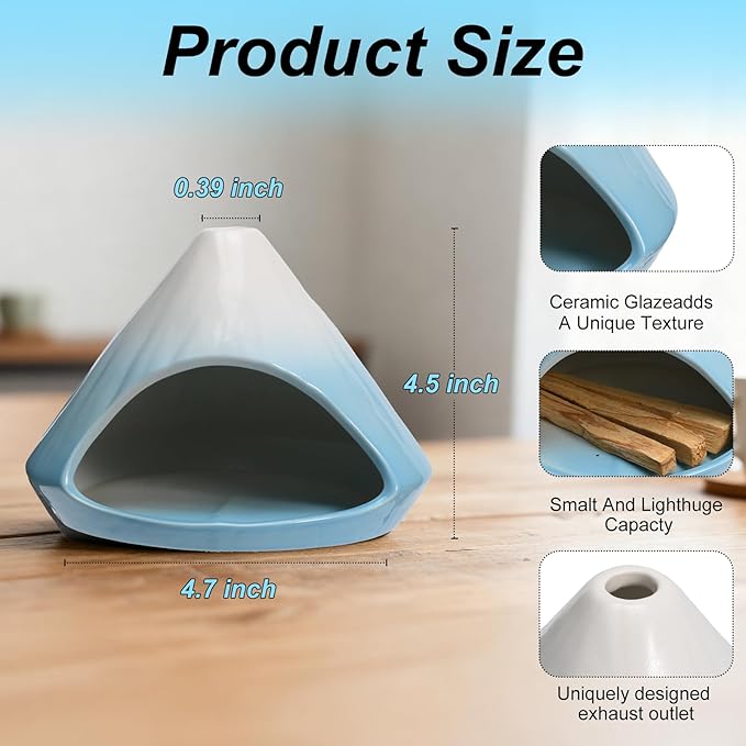 Ceramic Sage Smudging Holder, Pyramid Design Incense Burner with Smoke Outlet, 4.7 x 4.5 x 0.39 Inch, Black and White Glazed Finish (Blue)