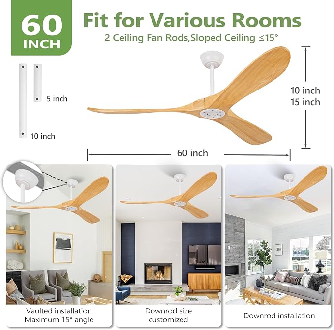 60 Inch Natural Wood White Ceiling Fan No Light,Propeller Outdoor Ceiling Fans Without Lights with Wall Switch and Remote Control,Quiet DC Motor,3 Blades Ceiling Fan for Patios,Pavilion