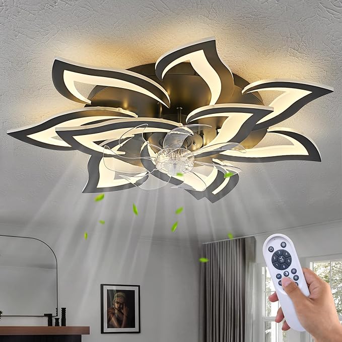 Dalouguan Modern Ceiling Fan with Lights Remote Control, 32" Black 6 Speeds 3 Light Color Low Profile Flush Mount Ceiling Fan for Kitchen Bedroom