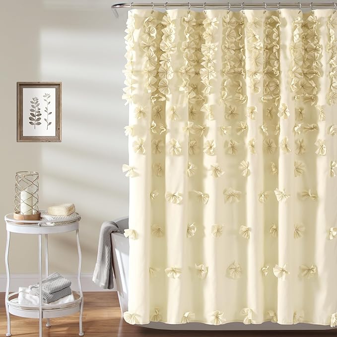 Lush Decor Riley Shower Curtain, 72" W x 72" L, Buttercream - Bathroom Curtain - Coquette Decor - Bow Shower Curtains - Cottage Core - Fabric Shower Curtains