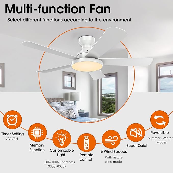 Ceiling Fans with Lights, 46" Low Profile Ceiling Fan with Light, Remote/App Control, Flush Mount Ceiling Fan for Bedroom, Indoor/Outdoor (White)
