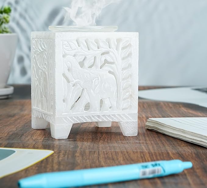 Crocon Marble Bakhoor Burner Incense Burner for Fragrance & Healing Square Charcoal Bakhoor Burner Handmade White Marble & Glass Bakhoor for Home & Living Room Office Decor Size: 2.9X2.9X3.5 Inch