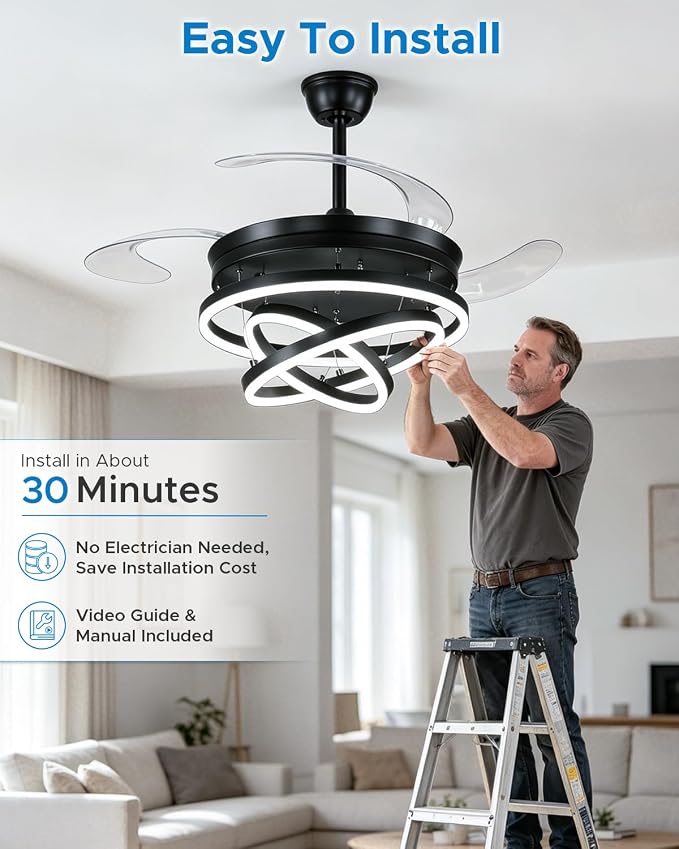 Retractable Ceiling Fans with Lights, 48" Fandelier Ceiling Fan with Light and Remote, Reversible, 3 CCT, Dimmable, Modern Chandelier Ceiling Fan for Bedroom, Living Room, Dining Room (Black)