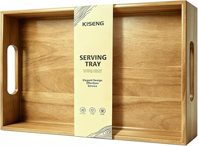 17 x 12 Inch Acacia Wood Large Serving Tray with Handles | Large Wood Tray for Drinks, Food, Ottoman & Breakfast in Bed, Leather Mat Included