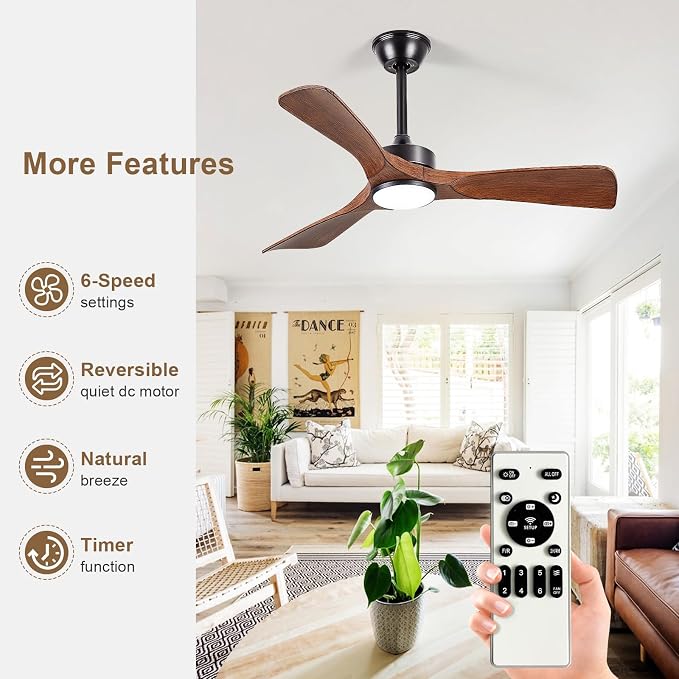 Ceiling Fans with Lights and Remote: 42-Inch Ceiling Fan 3 Blades Low Profile Outdoor - Walnut Ceiling Fans with Remote Control Quiet Reversible DC Motor for Patio Living Room