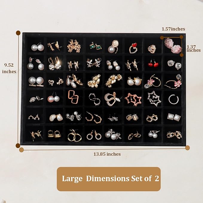 Large Velvet Jewelry Tray Display Drawer Inserts 2 Pack | Stackable Jewelry Organizer for Earring Bracelet Necklace Ring (Black, 48 Grids)
