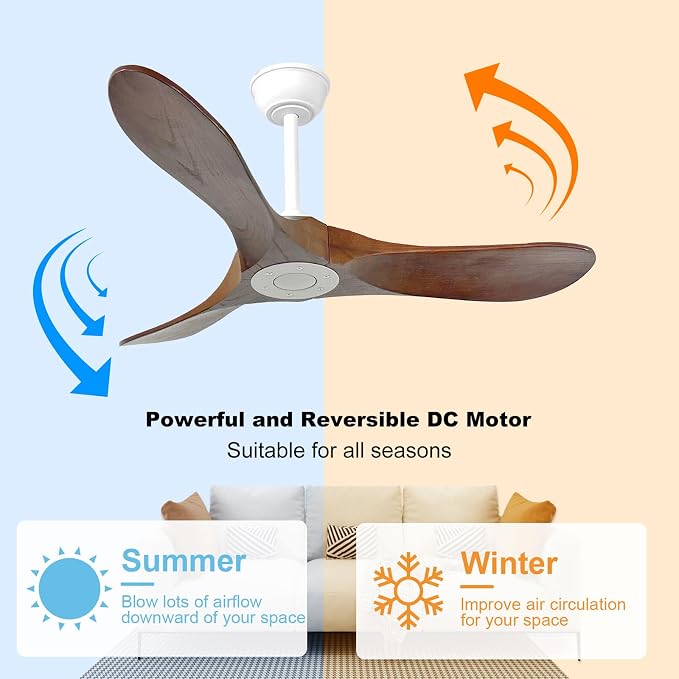 42'' Outdoor Ceiling Fan no Light,Solid Wood Ceiling Fan with Remote Control,Quiet and Reversible DC Motor with Large Airflow for Living Room,Patios,Gazebo (White+Dark Walnut)