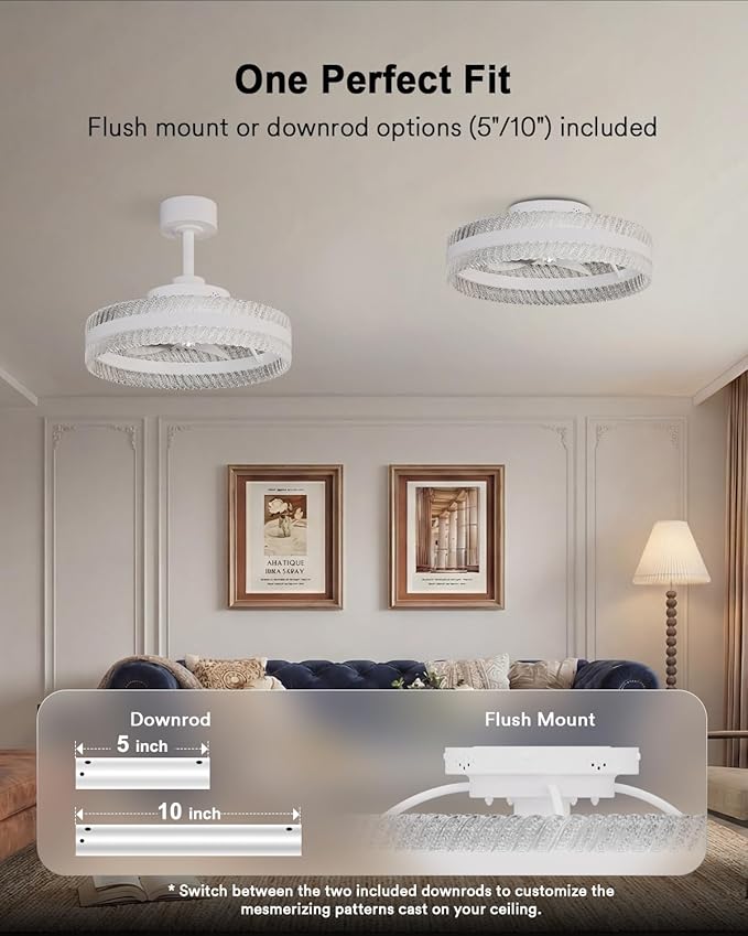 Lumary Smart Ceiling Fans with Lights, RGBAI Rainbow Flow Lighting with Feather Projection, Flush Mount/Downrod for Low Profile or High Ceilings, Modern Bladeless Crystal Fan Light for Bedroom, 20in
