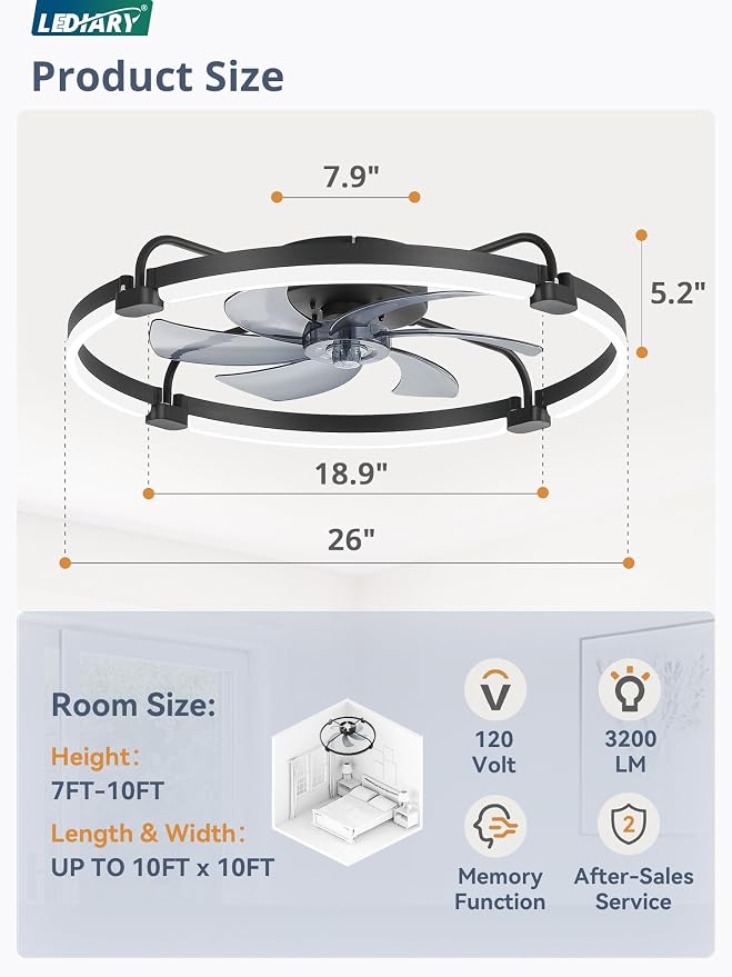 LEDIARY 26" Ceiling Fans with Lights and Remote, Low Profile Led Fan Light | Stepless Dimmable Fandelier, 6 Wind Speeds, Remote and APP Control, Flush Mount Ceiling Fan for Bedroom, Living Room, Black