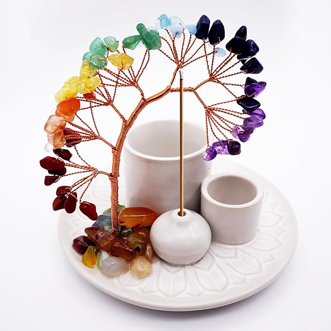 5 in 1 Incense Burner Holder with Crystal Healing Tree, Palo Santo Holder, Sage Holder, Incense Holder for Sticks/Cones/Candles, Ceramic Tray Ash Catcher for Burning Incense, Meditation Gift (White)