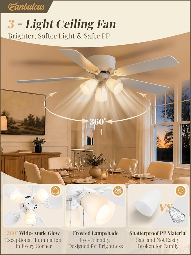 Fanbulous 52" Modern Ceiling Fan with 3 Lights, Remote & Pull Chain Control | DC Quiet Motor, 6-Speed Timer, Shatterproof PP Shades, Low Profile Flush Mount for Bedroom, Living Room, Kitchen, White