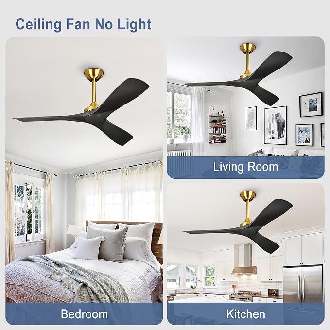 Modern Ceiling Fan with Remote: Black and Gold Ceiling Fans 3 Blades - 52 Inch Ceiling Fan No Light for Covered Outdoor Living Room Bedroom