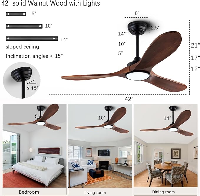52-inch silent ceiling fan light with remote control, 3CCT, walnut finish. | 3CCT, mobile app, full memory function, for use in living rooms, dining rooms, bedrooms, offices, balconies, and outdoors.