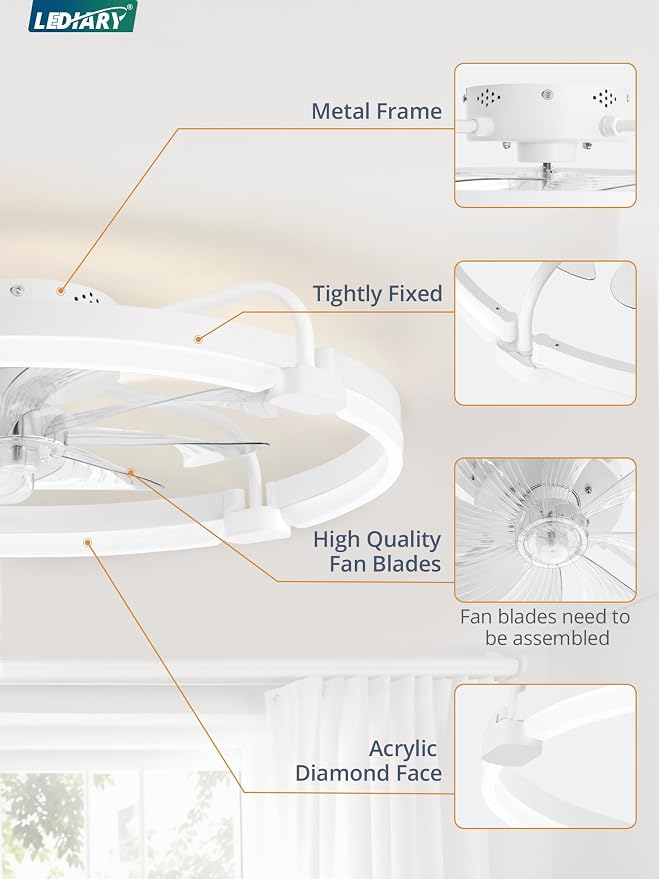 LEDIARY 2 Pack Ceiling Fans with Lights and Remote, 24'' Low Profile Ceiling Fan with Light, 3000-6000K Dimmable Fandelier LED Fan Light, 6 Wind Speeds, White Flush Mount Ceiling Fan for Bedroom