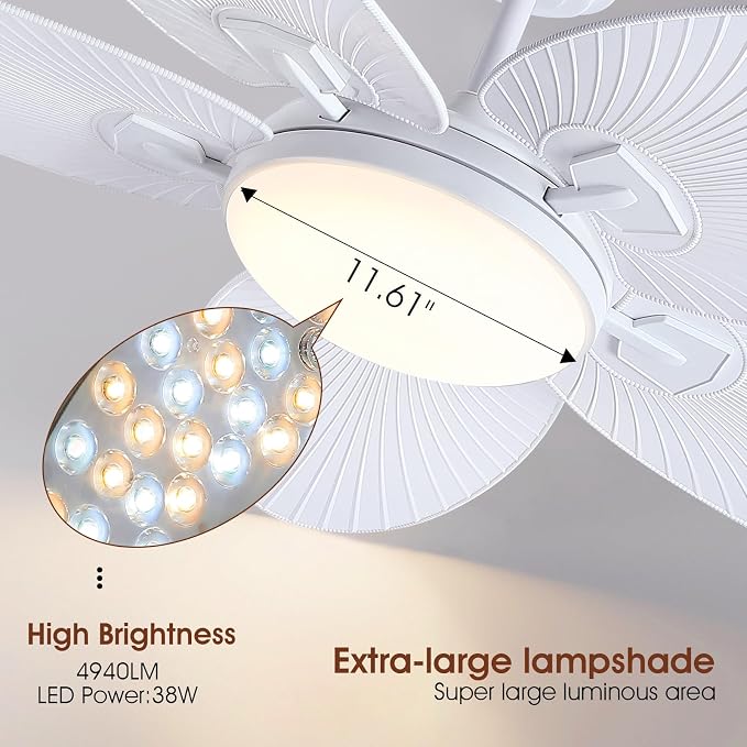 PHORUS 62"Large White Outdoor Palm Leaf Ceiling Fans with Lights and Remote | Super Large Airflow with 6 Wind Speeds,Reversible,3 LED Light Colors,50W Quiet DC Motor,4H Timer,Suits for Living Room Patio