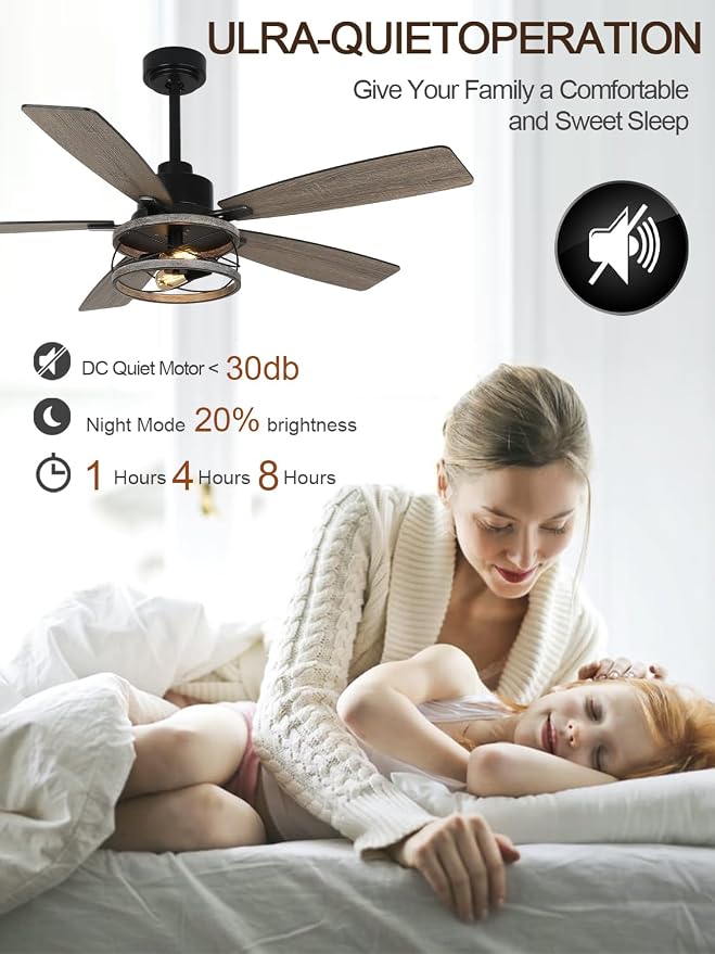 52" Farmhouse Ceiling Fan with Lights and Remote Rustic Fandelier | Wood Caged Fandalier Industrial Chandelier, for Bedroom Living Room, Reversible DC Motor 6 Speed, 3 E26 Bulbs (Not Included)