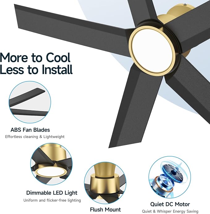 ocioc 52 inch Ceiling Fans with Lights, Large Air Volume Ceiling Fans with Reversible Quiet DC Motor and Remote（Black-Gold）
