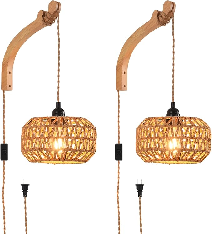 Plug in Wall Sconce,Farmhouse Wicker Wall Lamp Plug in,Hand Woven Rattan Wall Light Farmhouse Rustic Boho Sconces Wall Lighting for Living Room Bedroom