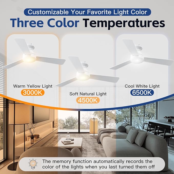 Ceiling Fans with Lights, 42 Inch Ceiling Fan with Light And Remote, 3CCT Flush Moun Low Profile Ceiling Fans, 6 Speed Noiseless LED Ceiling Fan, White Ceilings Fan with Remote for Bedroom Living Room